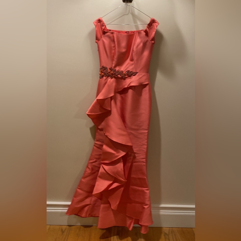 David Meister Coral Ruffle Evening Dress with Beaded Waist Dress